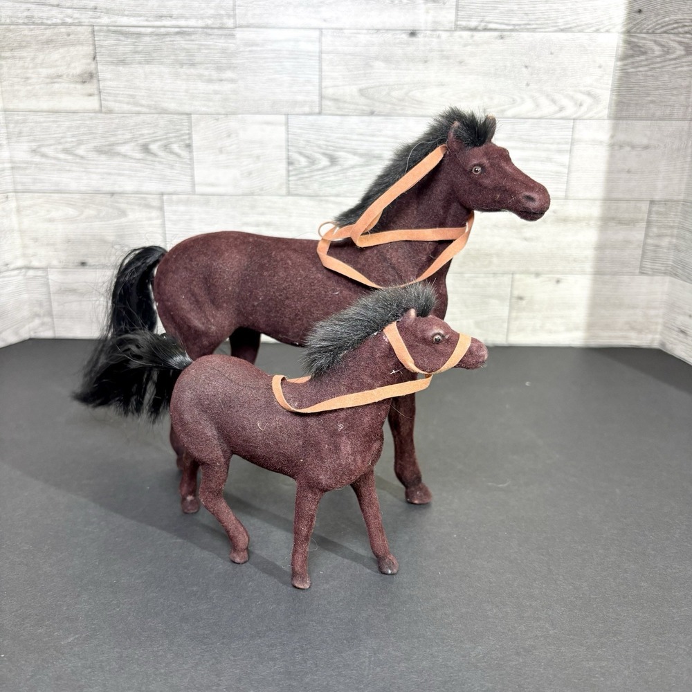 Vintage Flocked Brown Horse Pony Black‎ Maine Mother And Calf